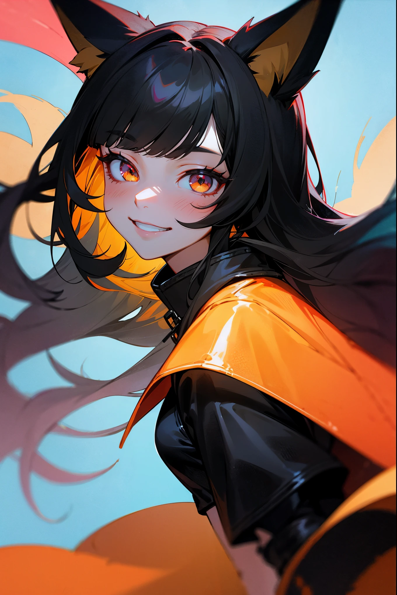 (masterpiece), best quality, portrait, expressive eyes, perfect face, 1woman, (animal ears), (fox ears), (hidden ears), (long black hair), {hair bangs}, {wavy hair}, crimson eyes, wearing a leather crop top, wearing a long coat, cotton shorts, black boots, grinning, fiery background, (color pastel effect), (close up), rim lighting
