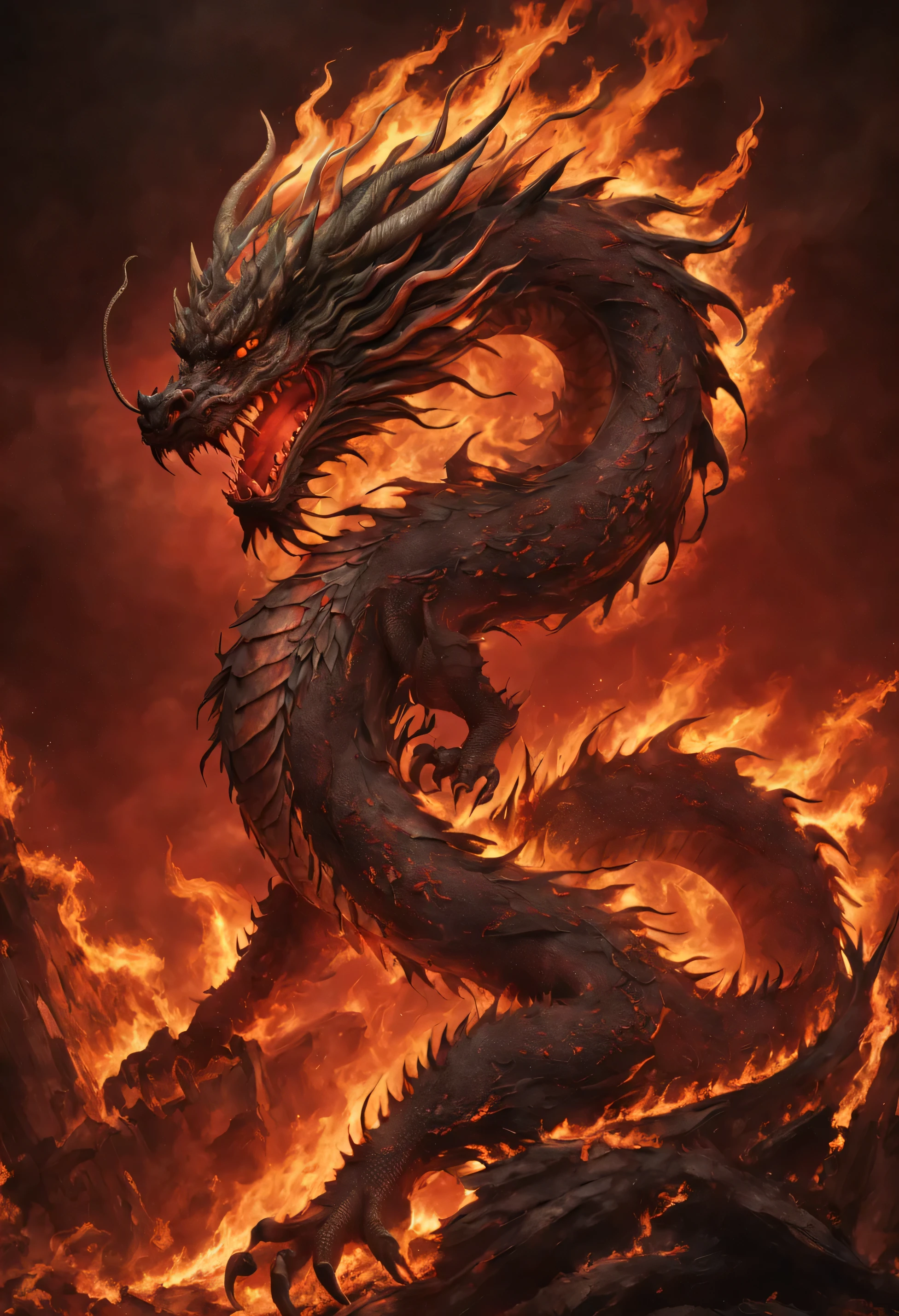 Letty Boone, real, Charred and burning Chinese dragon, desolate, dark, normal, global illumination,domineering，red background