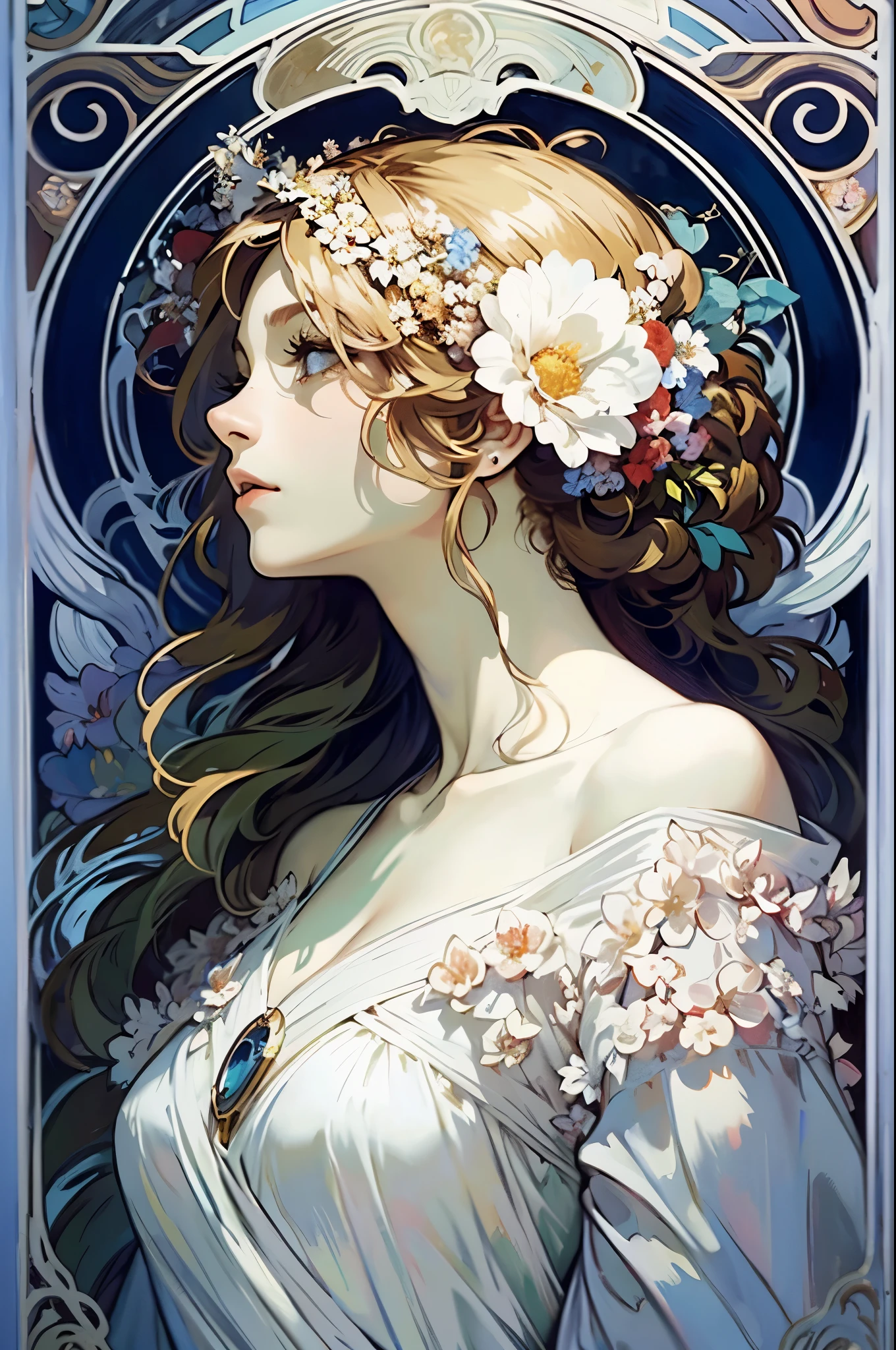 blue tone:1.5,(masterpiece,best quality),(beautiful background:1.2),(8k,high-res,detailed),(poster),flat shading:1.4,
Alphonse Mucha, 
(solo:1.2),a woman,hair with flowers,bare shoulder,small face:1.5,
Chubby,flower,