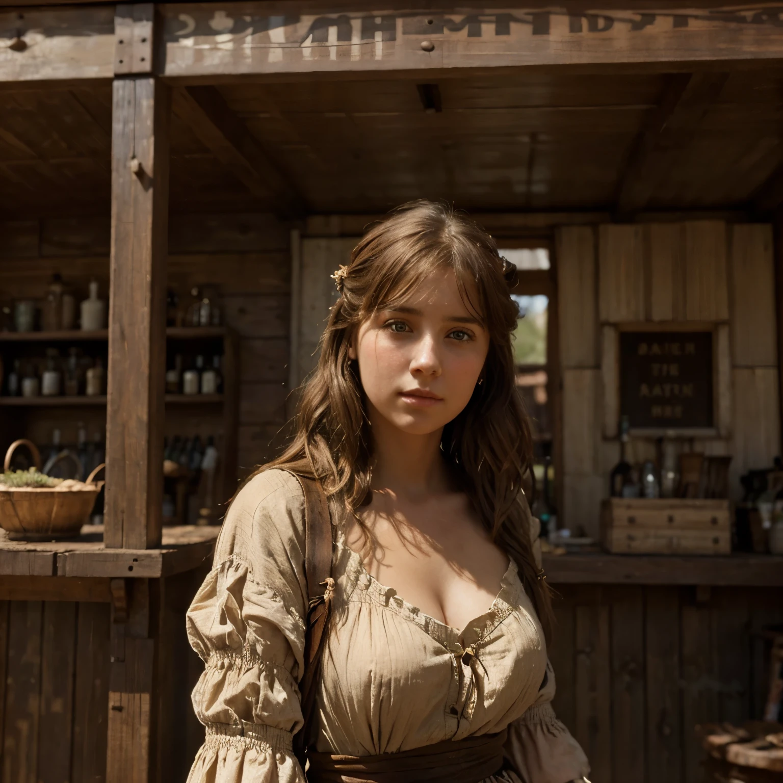 An imaginary scene of a girl with brown hair from the wild west in the style of lawrence alma-tadema painting titled spring 1894, saloon girl, hyper detailed, beautiful, muted sepia-toned soft lush colors