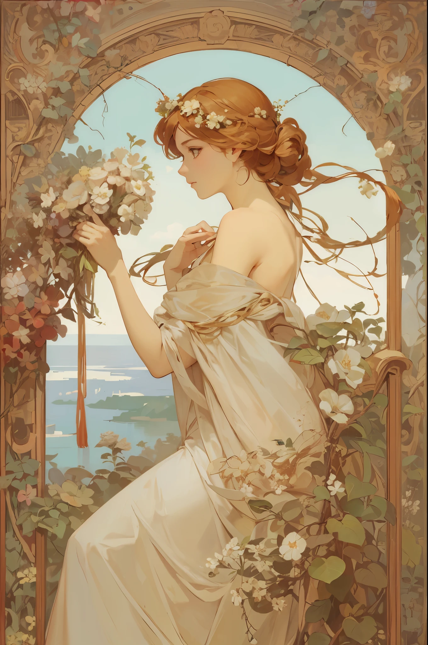 (masterpiece,best quality),(beautiful background:1.2),(8k,high-res,detailed),(poster),flat shading:1.4,
Alphonse Mucha,
(solo:1.2),a woman,hair with flowers,bare shoulder,small face:1.5,
Chubby,flower,