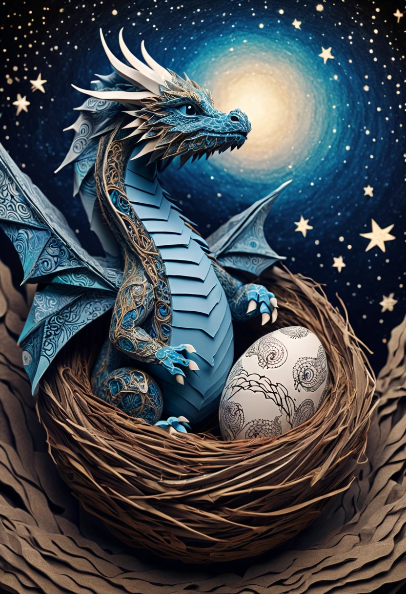 a mini baby dragon,zentangle,origami,cinematic,in a nest of Chinese dragons,an egg has just broken,its mother is proud, zentangle full of stars sky, expresive action dragon protecting her mini dragon baby, sky full of stars,