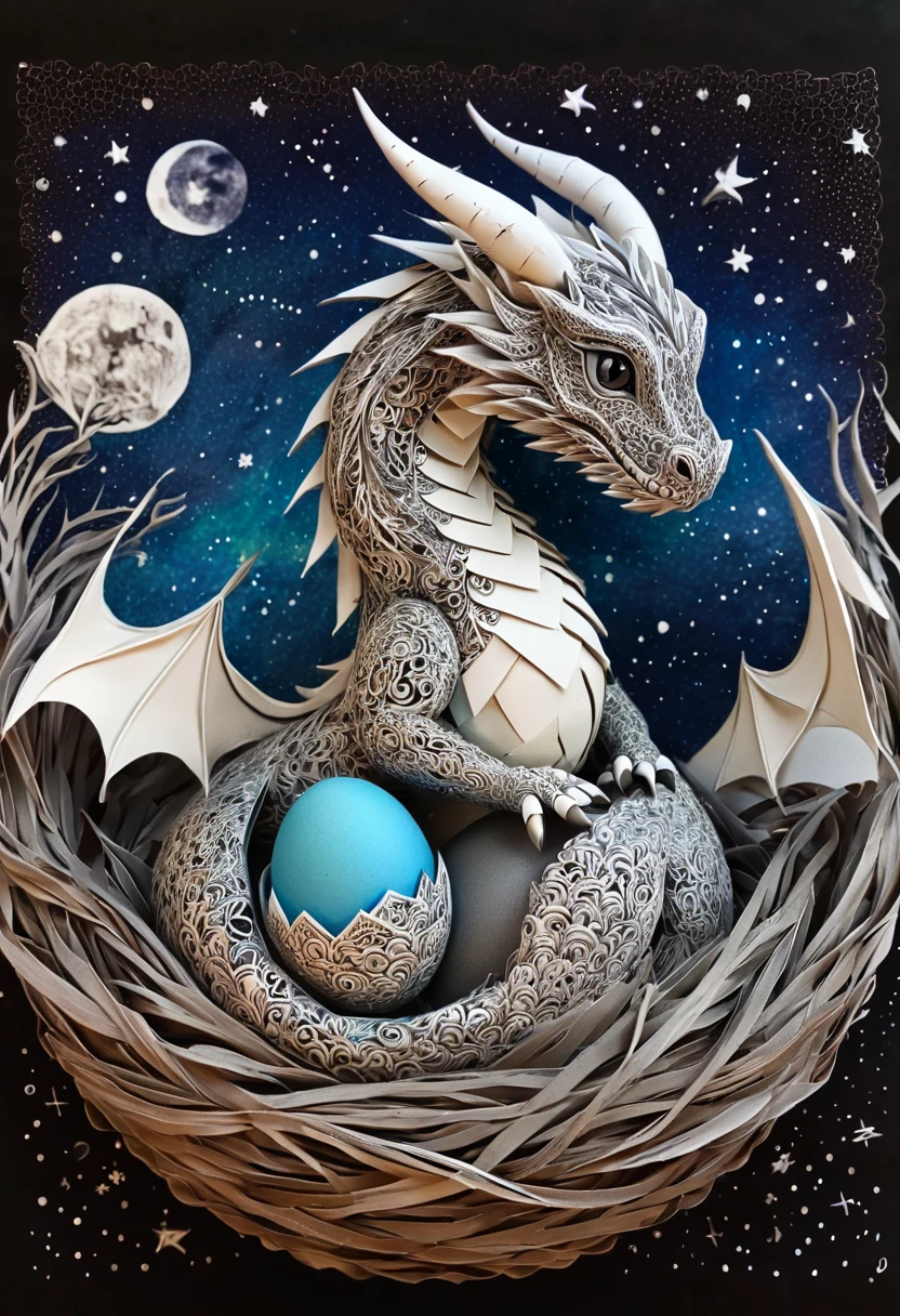 a mini  dragon,zentangle,origami,cinematic,in a nest of Chinese dragons,an egg has just broken,its mother is proud, zentangle full of stars sky, expresive action dragon protecting her mini dragon babyy full of stars,