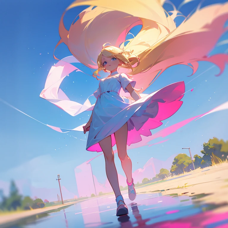Blonde girl with pink dye on hair with blue eyes and pure white dress walking on walking reflecting blue skies