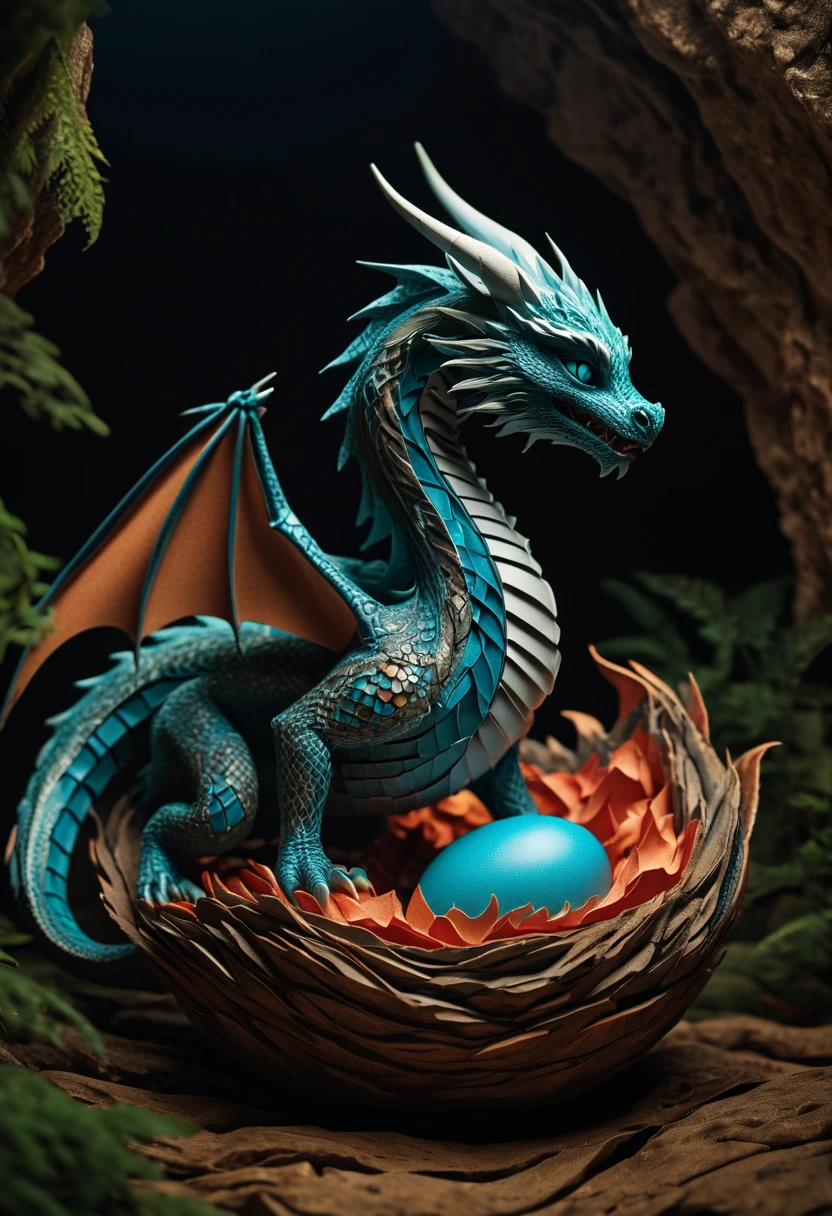 In a nest of Chinese dragons, a mini  dragon emerges from a cracked egg, in the midst of its discovery of the world. The dragon's mother stands nearby, radiating pride in her newly hatched offspring. In cavern, The scene is adorned with intricate zentangle patterns, resembling delicate ink art. The dragon and its surroundings feature origami elements, adding a touch of paper-folding craftsmanship. The composition invokes a cinematic quality, as if frozen within a pivotal moment of a grand adventure. The imagery portrays a range of emotions, capturing the awe and wonder of the dragon's first steps in the world. The colors are vibrant and vivid, adding a sense of dynamic energy to the scene. The lighting casts a soft glow, highlighting the dragon's features and creating a magical atmosphere. Staying true to the best quality, the artwork is of high resolution (4k, 8k), resulting in ultra-detailed visuals. The style blends realistic and photorealistic qualities, lending a lifelike presence to the dragons and their environment.