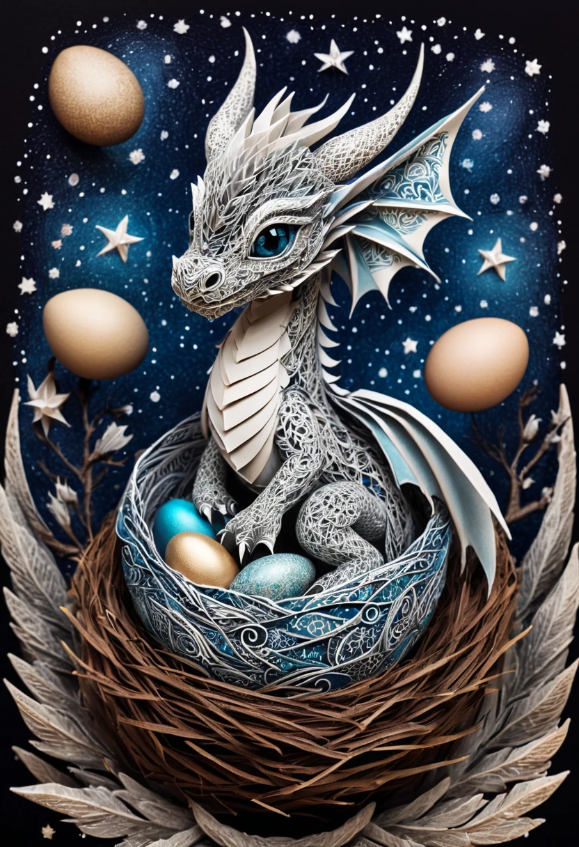 a mini baby dragon,zentangle,origami,cinematic,in a nest of Chinese dragons,an egg has just broken,its mother is proud, zentangle full of stars sky,