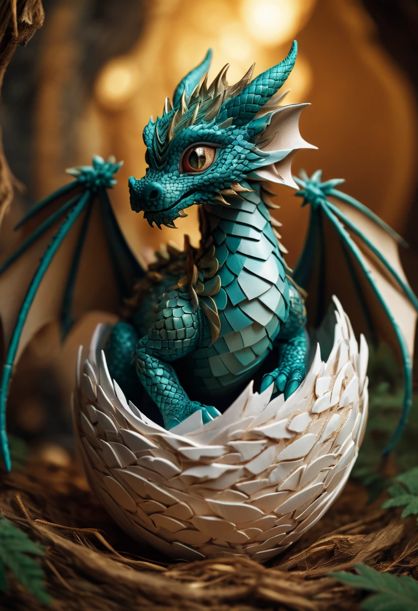 In a nest of Chinese dragons, a mini baby dragon is emerging from a cracked egg, with its mother looking on proudly. The scene is filled with intricate details inspired by zentangle art and origami. The dragon's scales are adorned with delicate patterns, while its wings are beautifully folded, resembling origami sculptures. The lighting creates a cinematic effect, casting dramatic shadows and highlighting the dragon's features. The image is of the utmost quality, with a resolution of 4k or 8k, making it a true masterpiece. The dragon's appearance is realistic and photorealistic, capturing every fine detail. The colors are vibrant and vivid, adding to the overall enchanting atmosphere. With this prompt, Stable Diffusion will generate a stunning image of this captivating moment in the dragon's life.