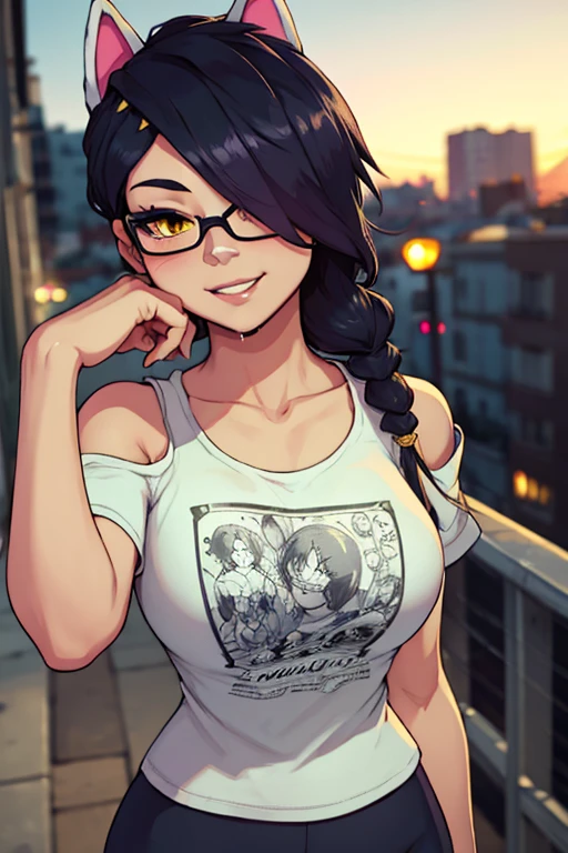 Erisa, 1girl, solo, long hair, looking at viewer, black hair, bandaid on face, yellow eyes, animal ears, smile, bandaid on nose, braid, cat ears, bandaid, bangs, breasts, fake animal ears, simple background, fang, bare shoulders, scar, teeth, shirt, tight shirt, bare shoulders, black shirt, short sleeves, closed mouth, t-shirt, hair over one eye, night city view, portrait, hair over shoulder, shorts, skin tight shirt, wet shirt, glasses, seductive, realistic, best quality, masterpiece, ultra detail, ultra high res, extreme detail, 8k