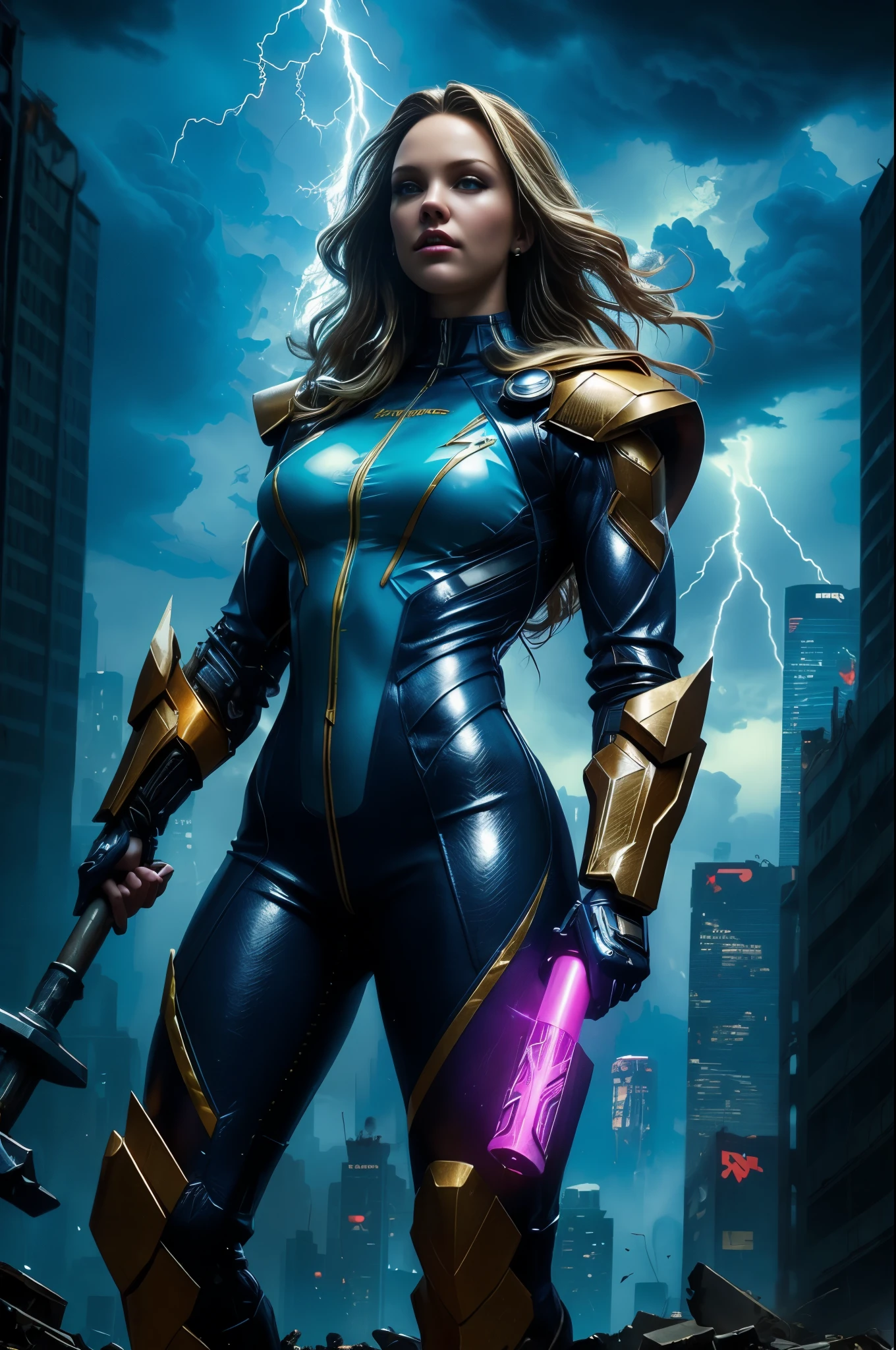 (Photorealistic:1.4) image of a cyber punk Alexis Texas (raising the huge hammer high like it was Thor's) (top-quality, 8K, 32K, masterpiece), (dynamic pose), ((facing camera)), (looking at camera), cowboy shot, shapeless hair, white swinsuit cyberpunk armored clothing, depth of field f/1.8, cyberpunk city background, cinematic lighting. it's raining, lightning and thunder falling from the sky, 8k masterpiece high quality