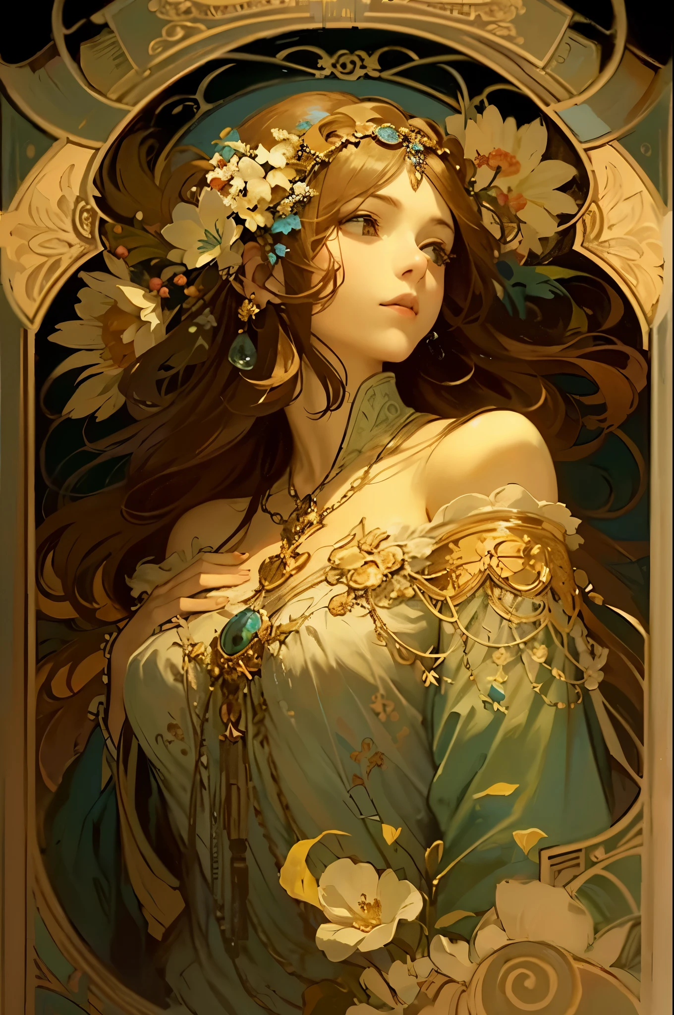 blue tone:1.5,(masterpiece,best quality),(beautiful background:1.2),looking down,bowing head,
Alphonse Mucha,
(solo:1.2),a woman,hair with flowers,bare shoulder,small face:1.5,
Chubby,flower,