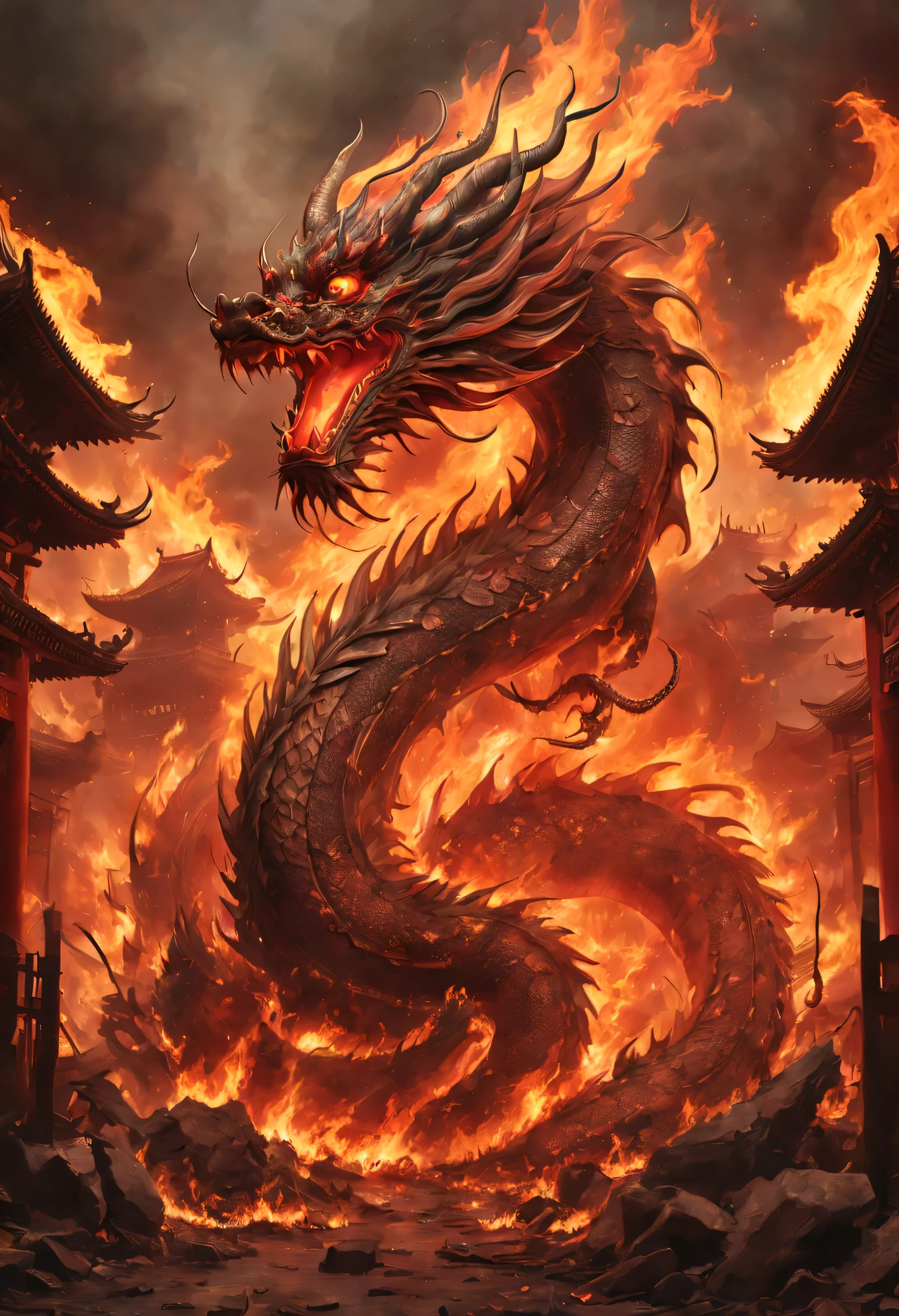 Letty Boone, real, Charred and burning Chinese dragon, desolate, dark, normal, global illumination,domineering，red background，Chinese style architecture，Spring Festival elements，Rich details