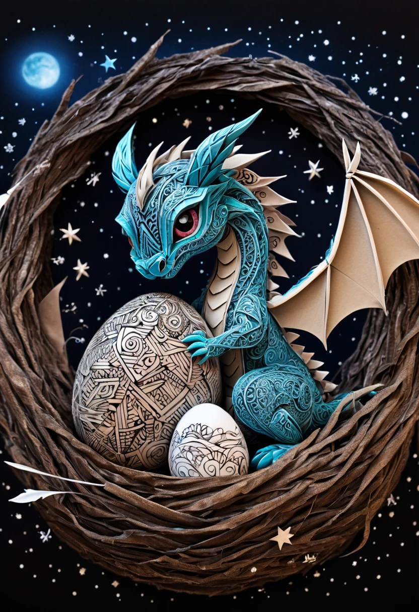a mini baby dragon,zentangle,origami,cinematic,in a nest of Chinese dragons,an egg has just broken,its mother is proud, zentangle full of stars sky, expresive action dragon protecting her mini dragon baby, sky full of stars,