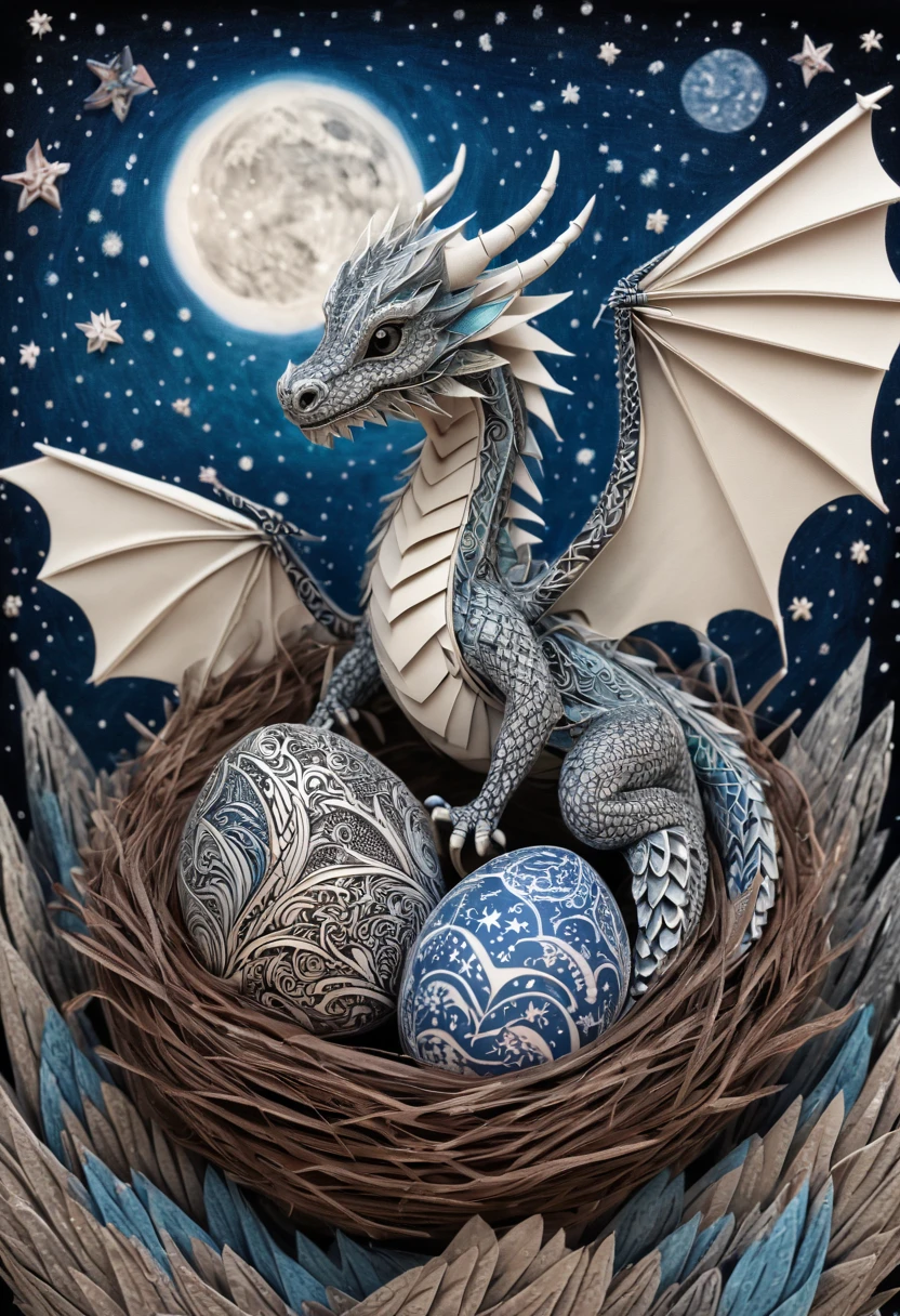 a mini baby dragon,zentangle,origami,cinematic,in a nest of Chinese dragons,an egg has just broken,its mother is proud, zentangle full of stars sky, expresive action dragon protecting her mini dragon baby, sky full of stars,