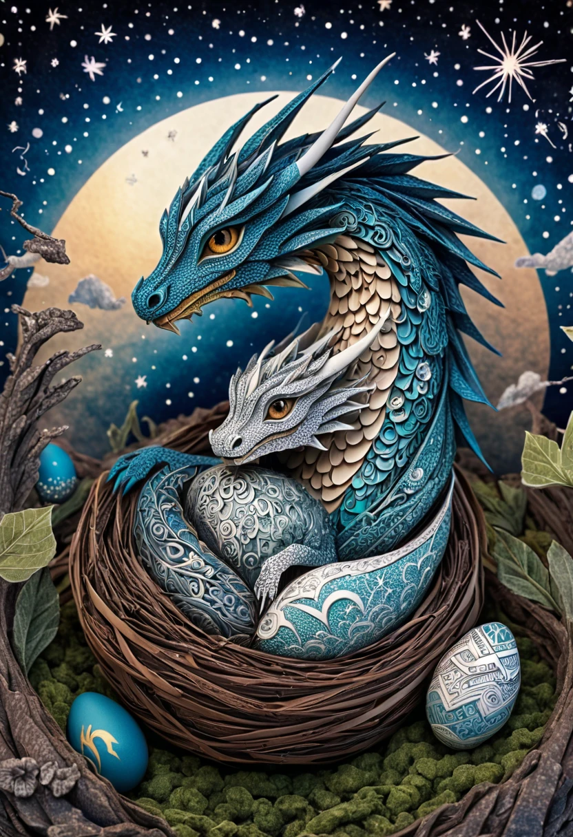 a mini baby dragon,zentangle,origami,cinematic,in a nest of Chinese dragons,an egg has just broken,its mother is proud, zentangle full of stars sky, expresive action dragon protecting her mini dragon baby, sky full of stars,