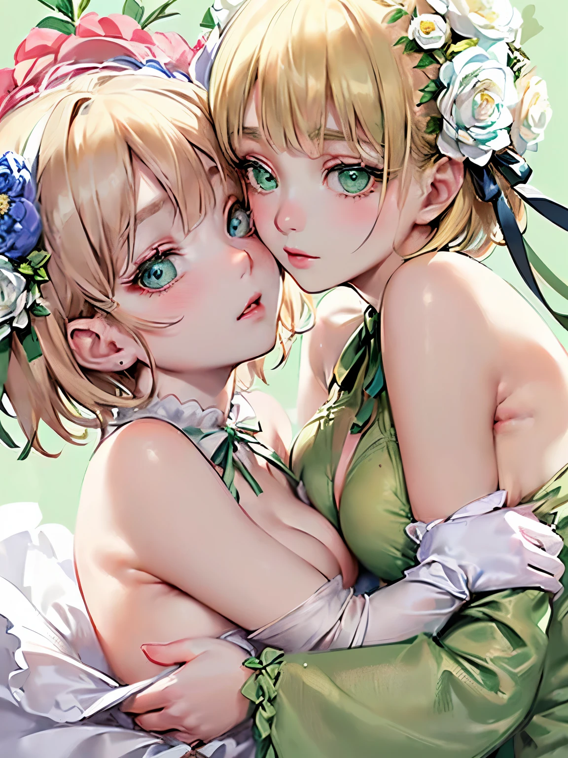 ((blonde:1.2)),(short hair:1.3),(pale green eyes:1.4),(Eye size:1.5),((ribbon costume fashion:1.4)),(Background full of blooming flowers:1.5),(blush),(small breasts:1.4),(focus on face:1.3),((look up:1.25)),((fashion color White、darkBlue、red:1.3)),(beautiful eyes:1.2),(((close up of face:1.5))),(NSFW),((hug each other:1.5)),(smile)