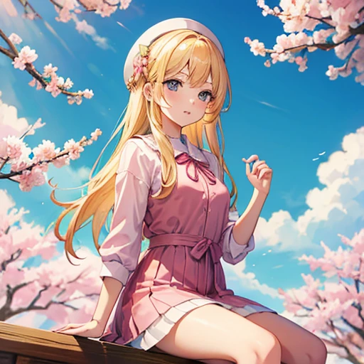 Blonde girl with pink on hair sitting on a sakura tree and clear blue skies