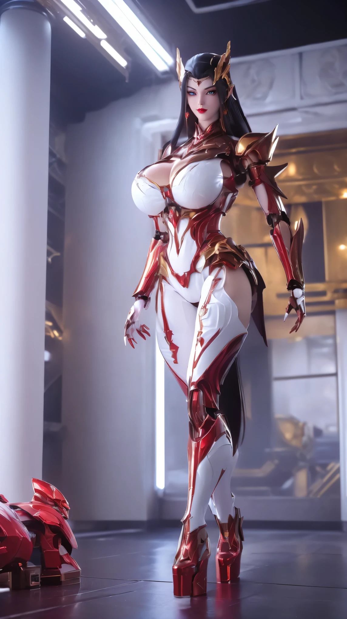 A beauty doll girl with black hair, (ACTION FIGURE:1.7), (PHOENIX GOLD HELM:1.1), (BIGGER BUTTOCK,HUGE FAKE BREAST:1.5), (CLEAVAGE:1.5), (BARE MUSCLE ABS:1.3), (MECHA GUARD ARMS:1.1), (RED SHINY FUTURISTIC MECHA FAMELE BODY, BLACK MECHA SKINTIGHT LEGGINGS, MECHA GUARD ARMOR LEGS, HIGH HEELS:1.5), (MUSCULAR BODY, SWEATY SKIN, SEXY LONG LEGS:1.1), (LOOKING AT VIEWER:1.3), (female focus:0.9), (WALKING DOWN HALLROOM OF FUTURISTIC SPACE STATION:1), (BRIGHT LIGHT WHITE_ROOM:1.3), HYPER TEXTURE, 4X MSAA, UNREAL ENGINE RENDER, PHYSICALLY-BASED RENDERING, ULTRA HIGHT DEFINITION, 16K, 1080P.