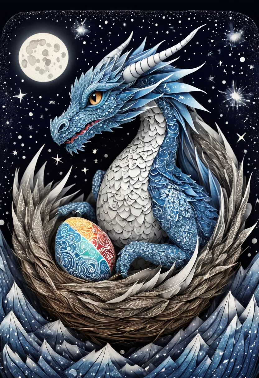 a mini  dragon,zentangle,origami,cinematic,in a nest of Chinese dragons,an egg has just broken,its mother is proud, zentangle full of stars sky, expresive action dragon protecting her mini dragon babyy full of stars,