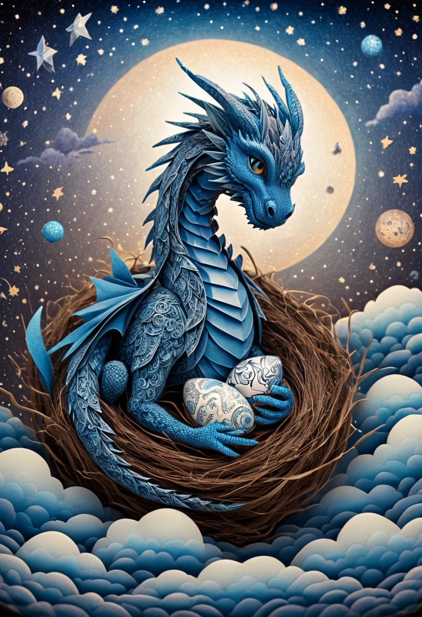 a mini baby dragon,zentangle,origami,cinematic,in a nest of Chinese dragons,an egg has just broken,its mother is proud, zentangle full of stars sky, expresive action dragon protecting her mini dragon baby, sky full of stars,