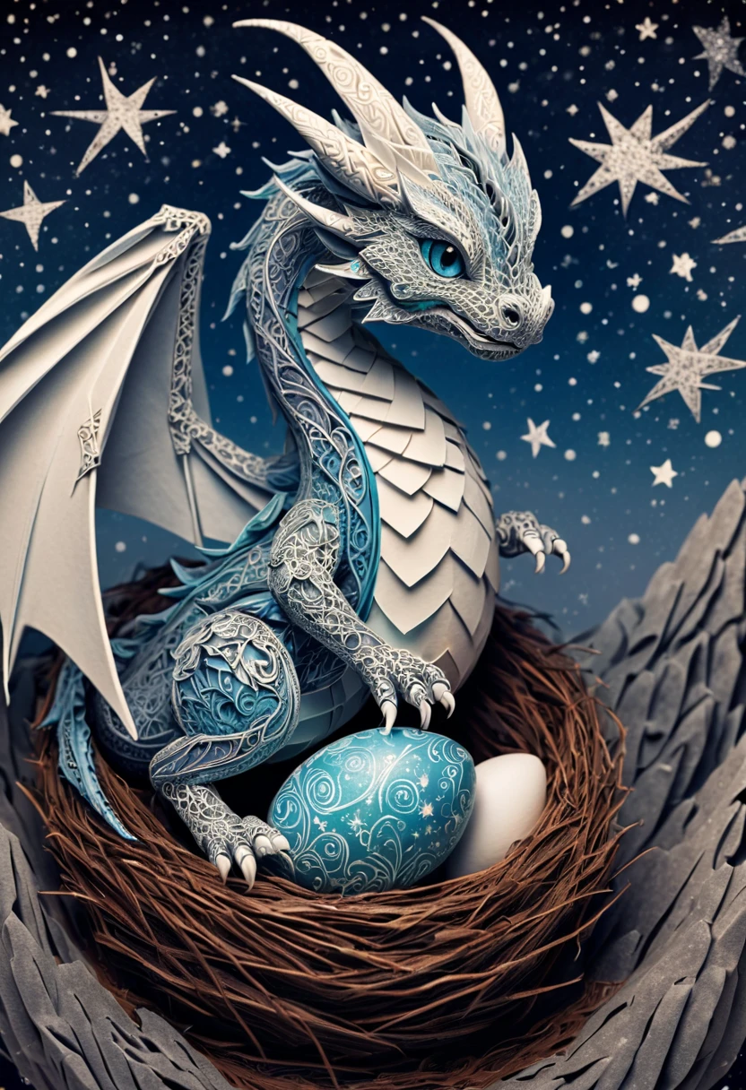a mini baby dragon,zentangle,origami,cinematic,in a nest of Chinese dragons,an egg has just broken,its mother is proud, zentangle full of stars sky, expresive action dragon protecting her mini dragon baby, sky full of stars,