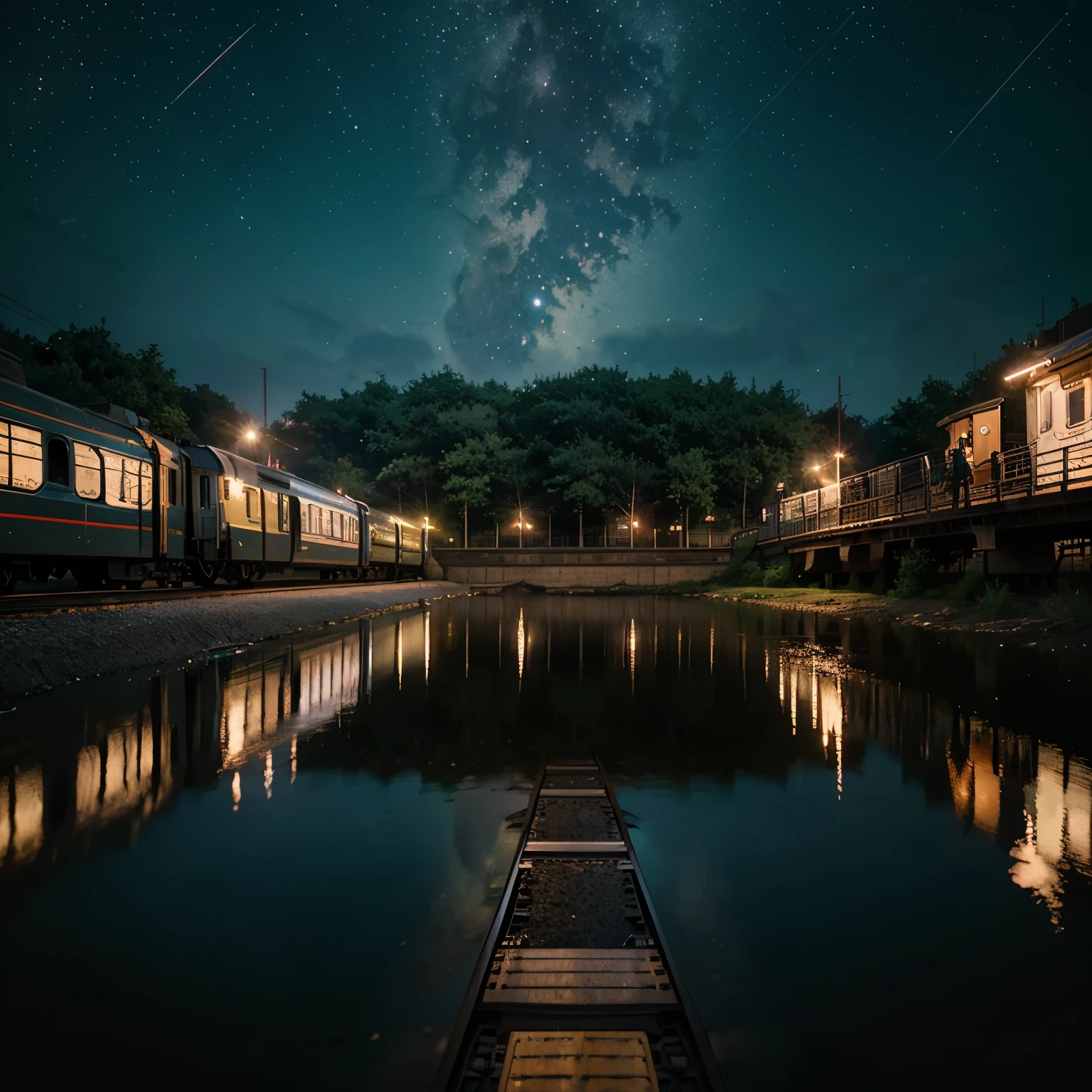 masterpiece, Anime train passing through a body of water on the tracks, Bright starry sky. Romantic Train, Makoto Shinkai photo, pixiv, concept art, Lofiato style, reflection. by makoto shinkai, Lofiato, beautiful anime scene, anime scenery, Detailed Landscape - Width 672, in Makoto Shinkai's style, Makoto Shinkai's style, Enhanced details.