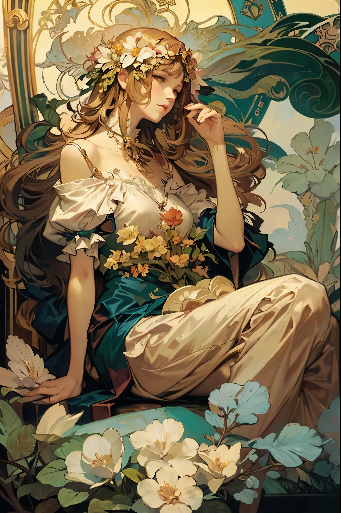 sitting,Alphonse Mucha,
(solo:1.2),a woman,bare shoulder,
Chubby,flower,
(front angle:1.3),