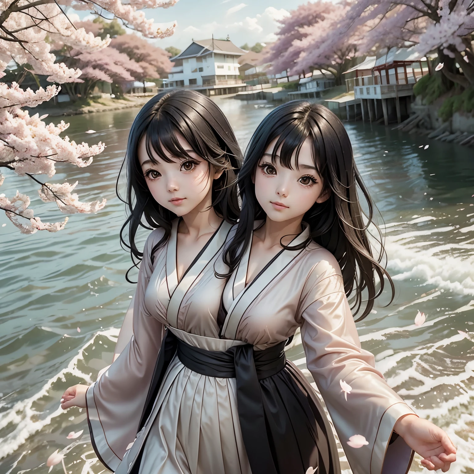 1girl,black hair, floating hair, seaside,scenery,landscape,cherry blossoms, falling petals, sunbeam,god rays,upper body, RENGE,DRESS,KIMONO, (two heads)
