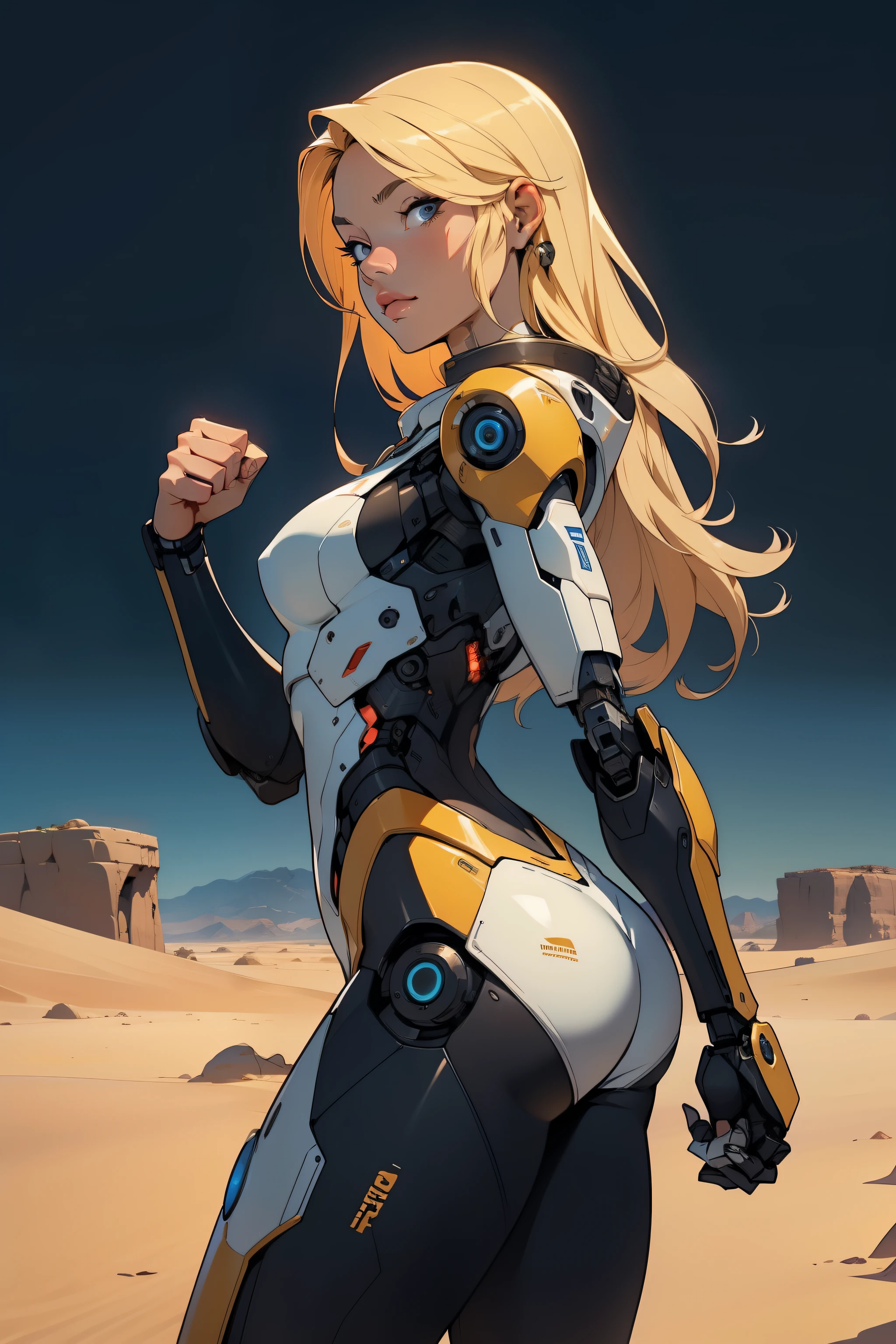 high quality, 4k, masterpiece, beautiful, cyborg girl, cowboy shot, dull eyes, back side, turning around to look at viewer, long blonde hair, girl, small breasts, fit thigh, robotic arms, robotic body, cyborg body, yellow accent, redaccent, intricate detail, joint, detailed lines, robotic detail, holding fist up, holding hand up as fist, color robotic parts, robotic parts with color, perfect fingers, on a desert planet, sunny background, colorful desert,