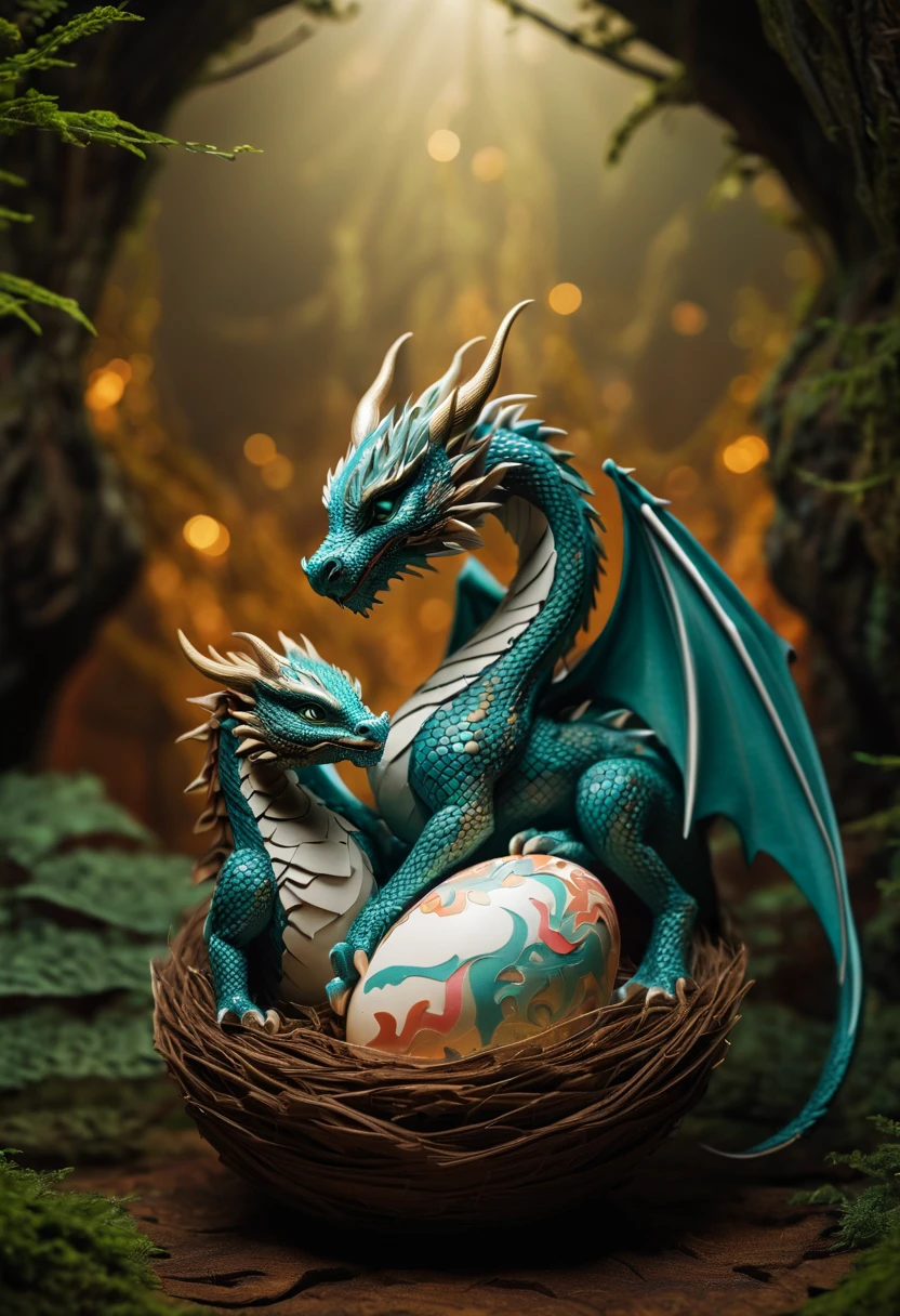 In a nest of huge Chinese dragons, a mini baby dragon is emerging from a cracked egg, with its mother looking on proudly. The scene is filled with intricate details inspired by zentangle art and origami. The dragon's scales are adorned with delicate patterns, while its wings are beautifully folded, resembling origami sculptures. The lighting creates a cinematic effect, casting dramatic shadows and highlighting the dragon's features. The image is of the utmost quality, with a resolution of 4k or 8k, making it a true masterpiece. The dragon's appearance is realistic and photorealistic, capturing every fine detail. The colors are vibrant and vivid, adding to the overall enchanting atmosphere. With this prompt, Stable Diffusion will generate a stunning image of this captivating moment in the dragon's life. Magical, fantastic moment, 