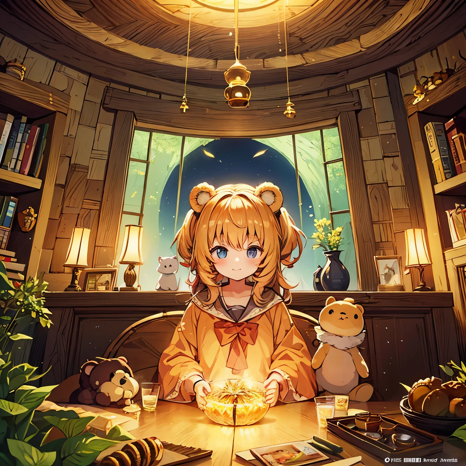 best quality, manga, anime, honey overflows from the beehive in the cute bear's nest, fantasy world