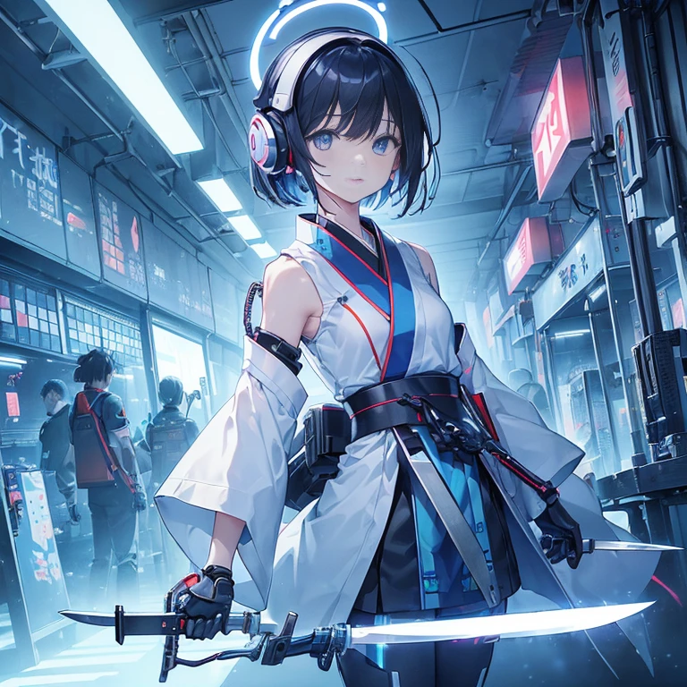 (((arm、knife、armを持つ))) (((Cyberworld))),cinematic light, (((Japanese style)))((1 Mechanical Girl)),alone, ,whole body,kimono、(mechanical joint:1.4),Expressionless,(headphones),small breasts,short hair,character focus,SF、flower hair ornament、knife、