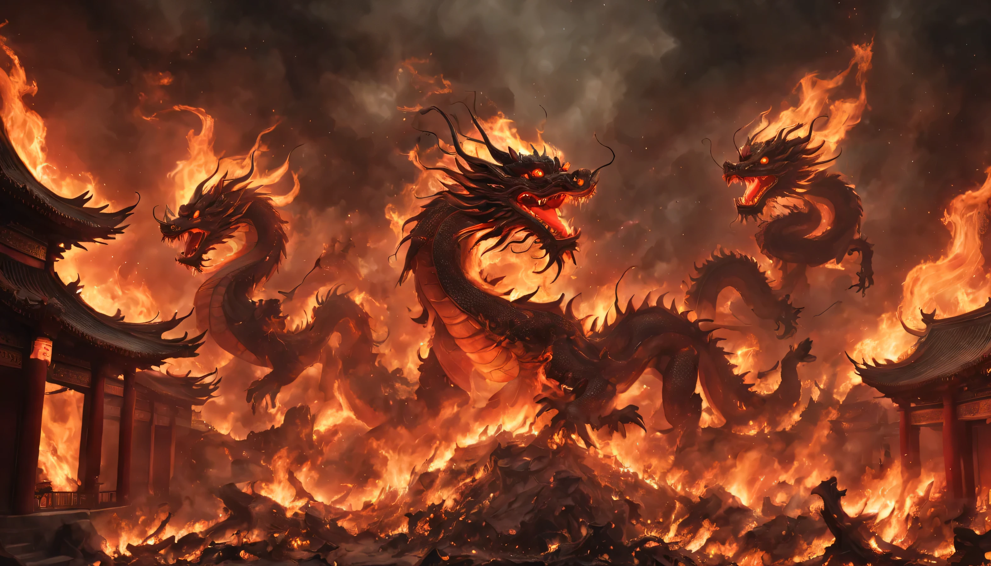 Letty Boone, real, Scorched and burned two Chinese dragons, desolate, dark, normal, global illumination,domineering，red background，Chinese style architecture，Spring Festival elements，Rich details