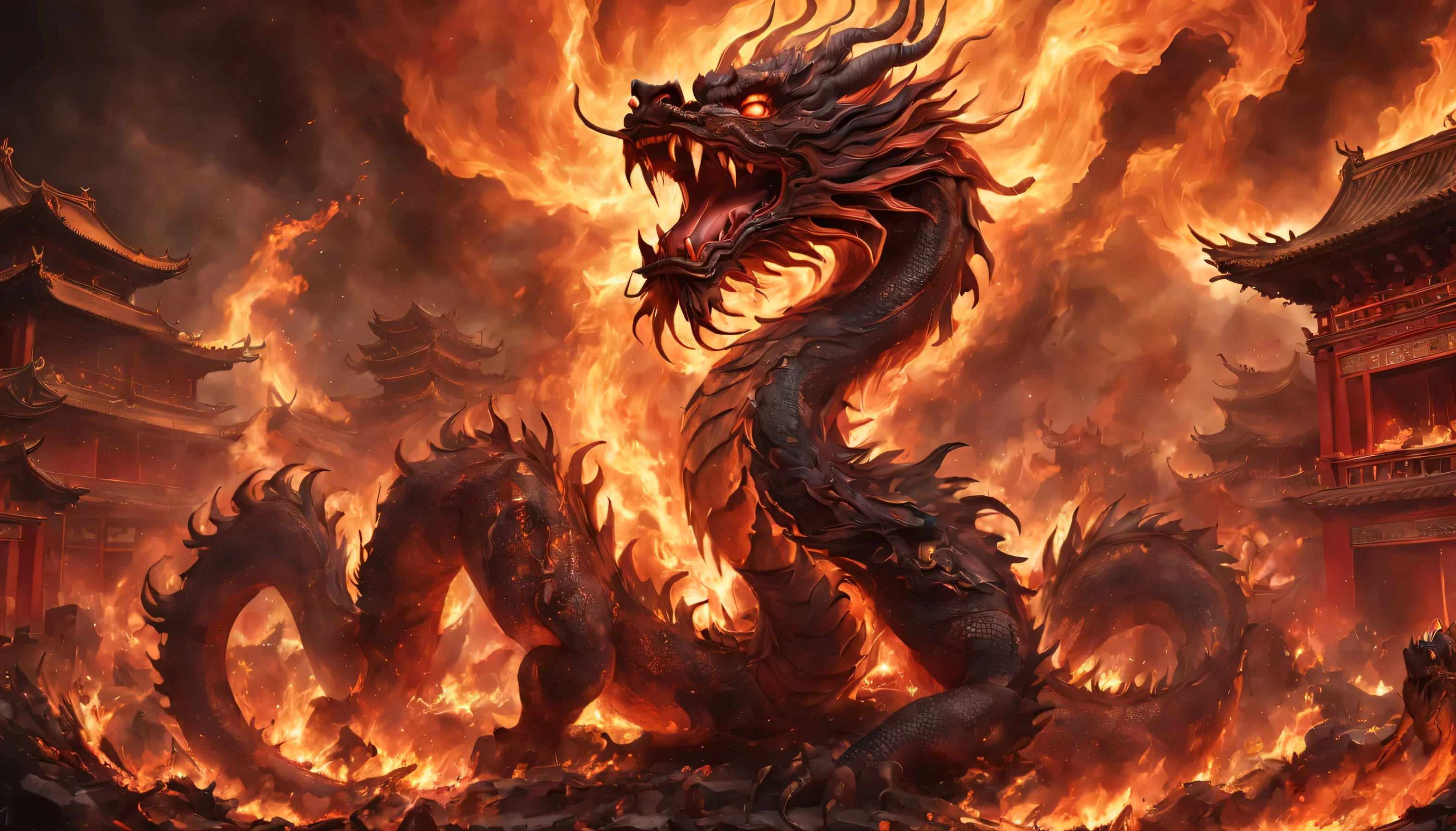 Letty Boone, real, Scorched and burned two Chinese dragons, desolate, dark, normal, global illumination,domineering,red background,Chinese style architecture,Spring Festival elements,Rich details