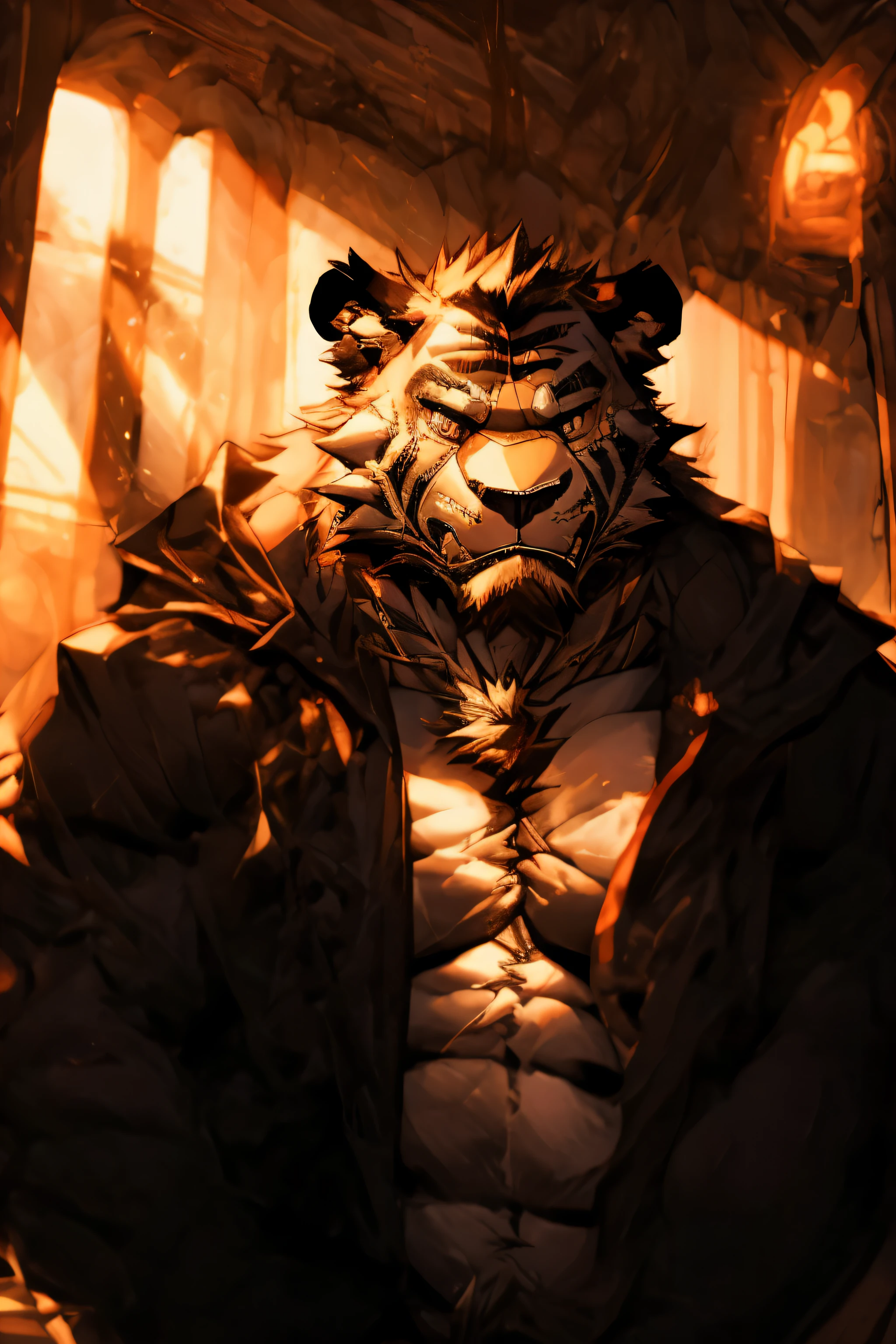 Sad tiger outside the window,The setting sun shines on his back,confused eyes,messy hair,As if blaming himself,There are tears in my eyes,Expose your hands on your chest,Slightly decadent