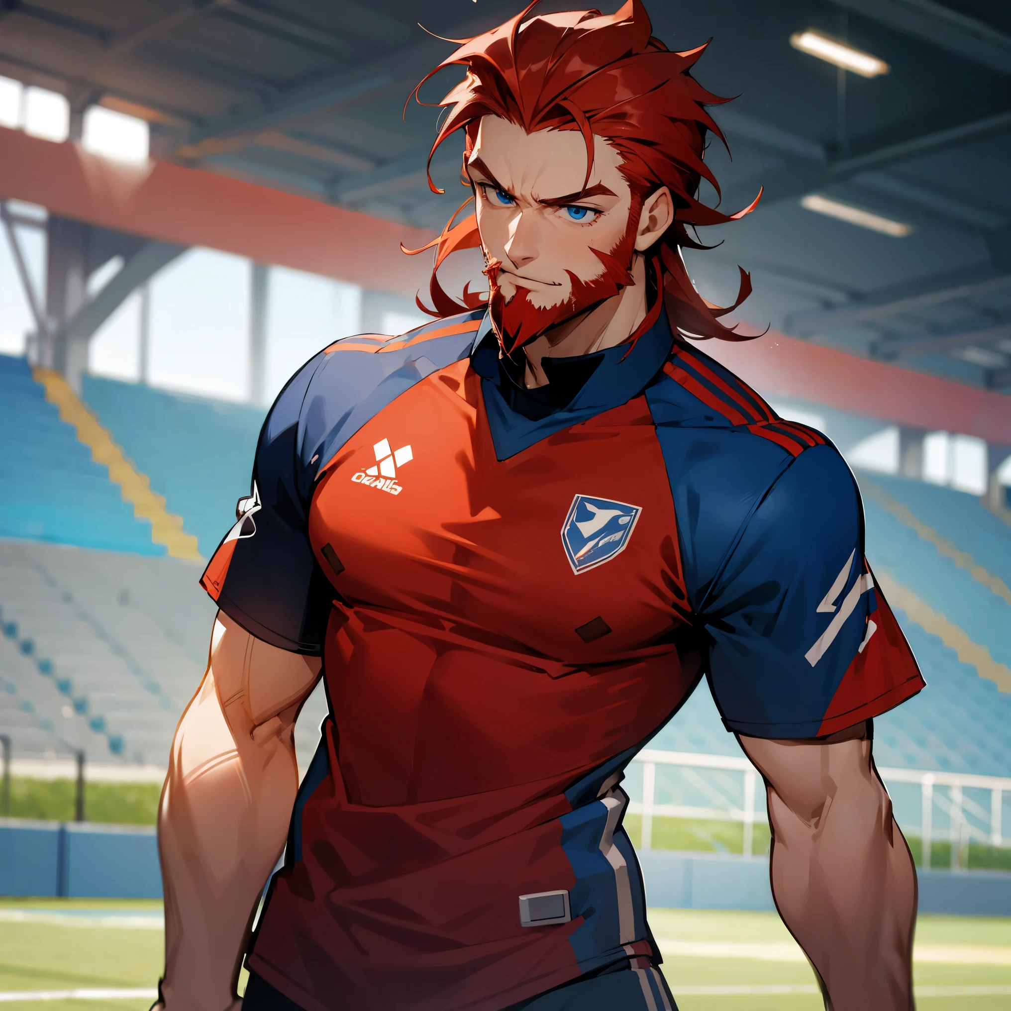 1male , Muscular , Red Hair , Blue eyes , Adult Male , Serious Expression , Soccer Jersey , Standing on soccer field , Beard Stubble