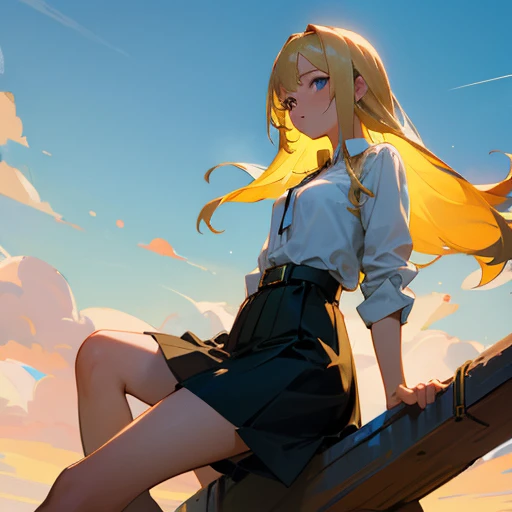 Blonde girl wearing a belt skirt sitting while looking at the skies