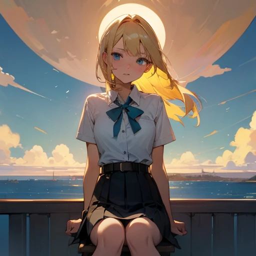 Blonde girl wearing a belt skirt sitting while looking at the skies