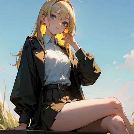 Blonde girl wearing a belt skirt sitting while looking at the skies