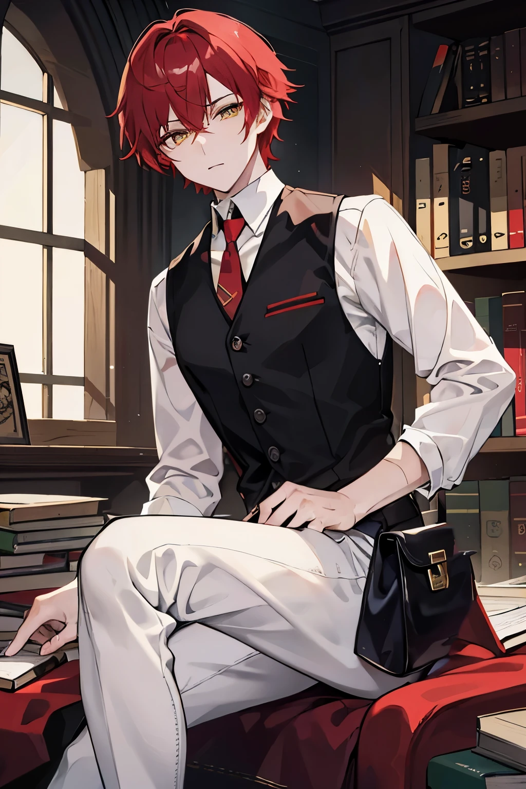 Anime character sitting on a chair in a library with a bookcase - SeaArt AI