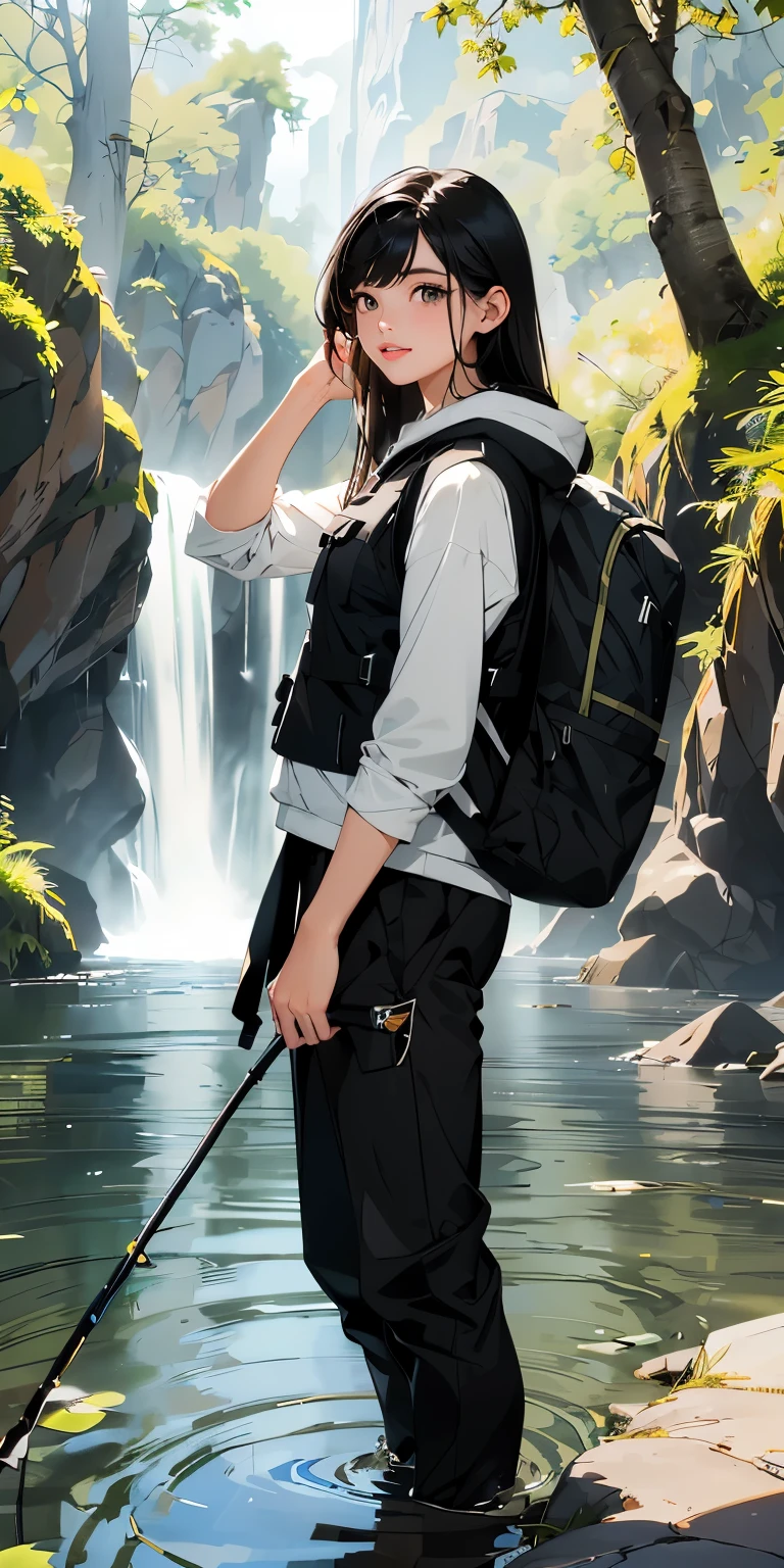 masterpiece、High resolution 8K、sharp focus、contrast lighting、ultra high resolution、ultra high resolution、Detailed CG、Low angle from the front、full body shot、Beautiful woman、beautiful eyes、(detailed face and iace:1 2)、narrow eyes、almond eye、brown eyes、gradation eye、highlight:1.2)、(Beautiful black hair、long hair、asymmetrical bangs、(plump lips、glossy lips、 size) 、(oval face : 1.4)、(thin fingered arms、detailed human hand)、川でWoman Fishing、Beautiful and wide river、Flowing waterfall、rock surface、moss、forest、Mont、blue sky、Flowing clouds、vapor、mist、full body pose、Holding a fishing rod in your hand、Fishing lure rod、Outdoor Vest、hoodie、Waders、Long pants for fishing、Big backpack)、Point the fishing rod toward the water surface with both hands.　I&#39;m ready、Have a long fishing rod、He points the fishing rod in his hand toward the water surface.、Woman Fishing、naughty smile、teeth visible、Low angle from the front、Standing in the river
