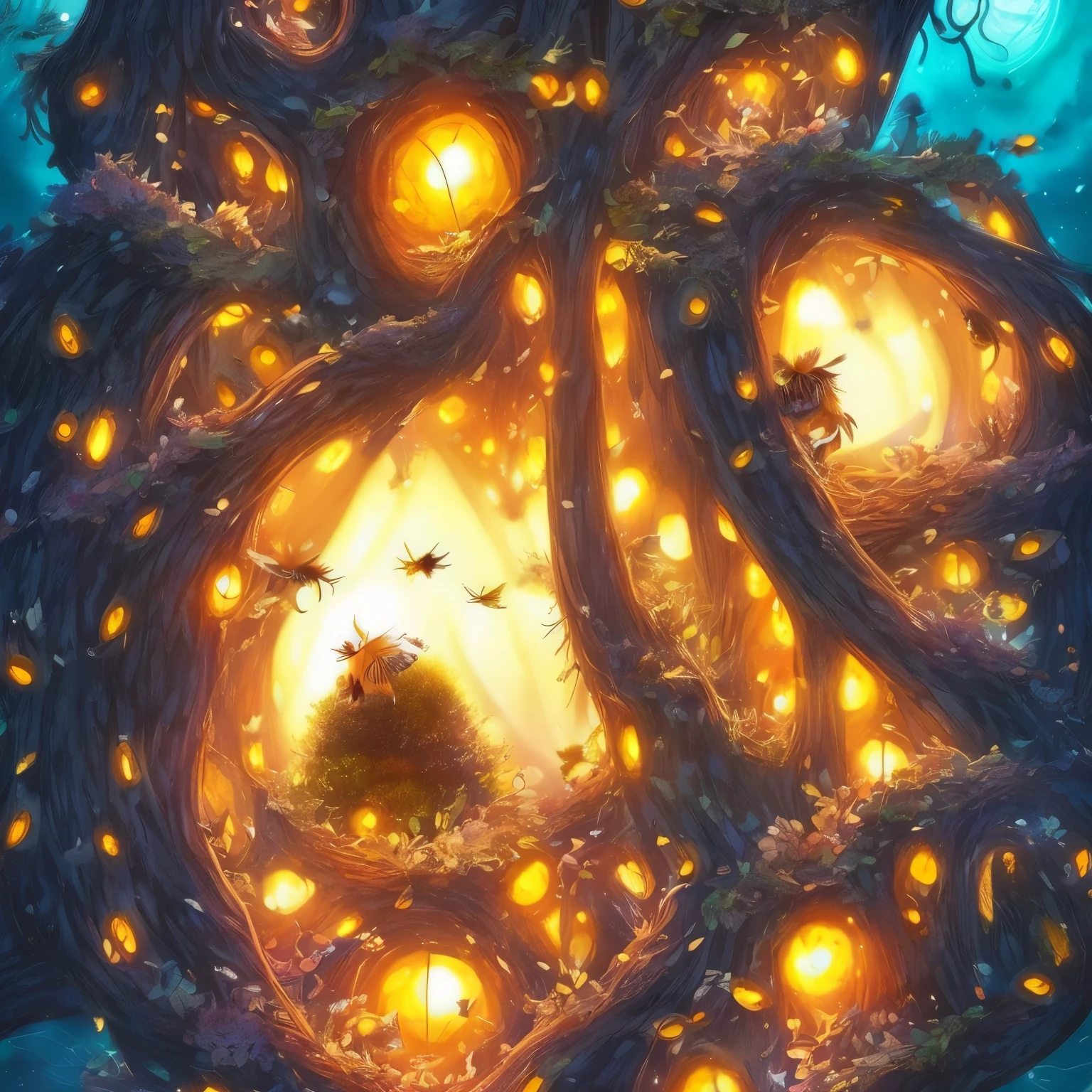 best quality, manga, anime, honey overflows from the beehive, nests, fantasy world