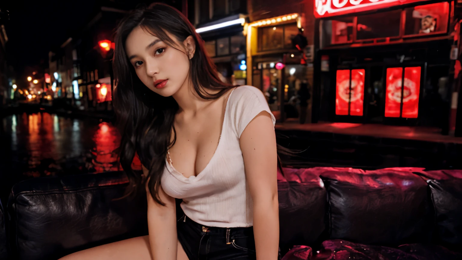 lady, posing seductively to viewer, solo:1, pov, beautiful thick thighs,
red light district background, long hair, 3/4 body, V neck mini hot shorts