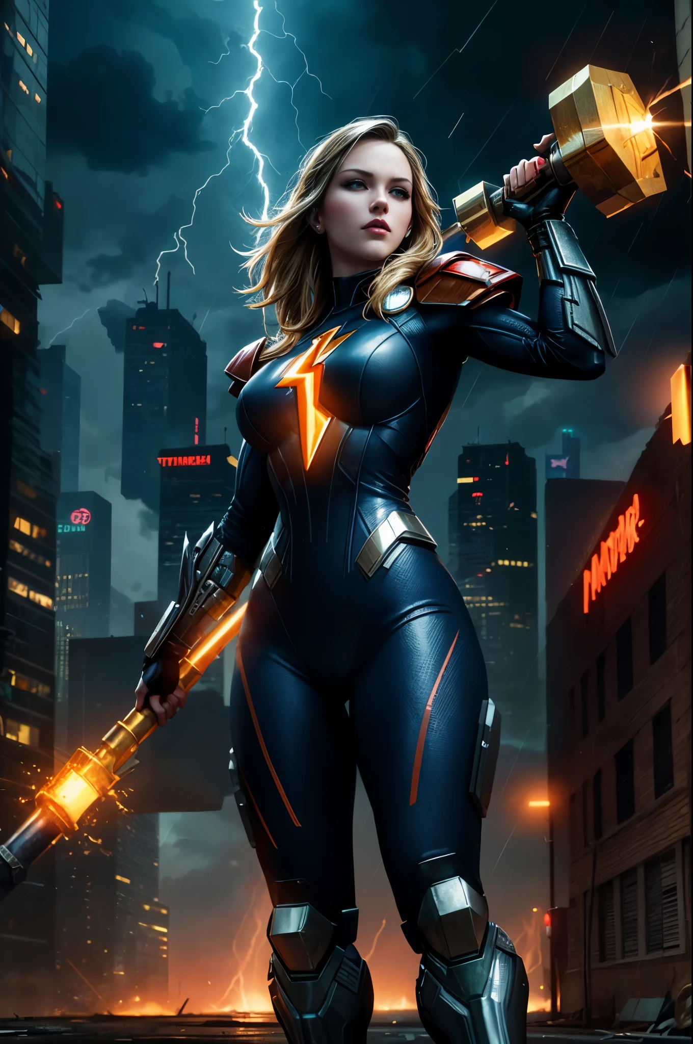 (Photorealistic:1.4) image of a cyber punk Alexis Texas (raising the huge hammer high like it was Thor's) (top-quality, 8K, 32K, masterpiece), (dynamic pose), ((facing camera)), (looking at camera), cowboy shot, shapeless hair, white swinsuit cyberpunk armored clothing, depth of field f/1.8, cyberpunk city background, cinematic lighting. it's raining, lightning and thunder falling from the sky, 8k masterpiece high quality