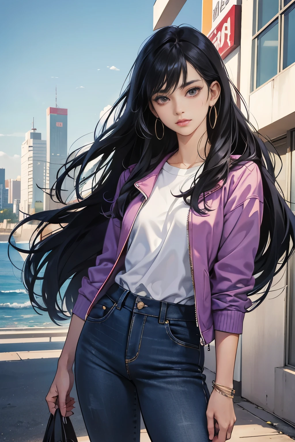 very colorful, pop feel, summer image, Beautiful woman with long black hair, A melancholy look, Around 25 years old, seaside, wearing a purple jacket, Black jeans, perfect tall model body,Mysterious, cool beauty, it will happen, in.s. west coast, sparkling summer memories, Anime drawing by Yang J, Trending at Art station, realism, extremely detailed The germ of art, Realistic anime 3D style, anime style 4 k, モデルまin | The germ of art, anime style. 8K, casual clothes, realistic anime art style, style The germ of art, sharp outline, highest quality, perfect angle, perfect composition, The perfect subject, best shot, official art,CD jacket, 80s city pop, Snazzy,very stylish