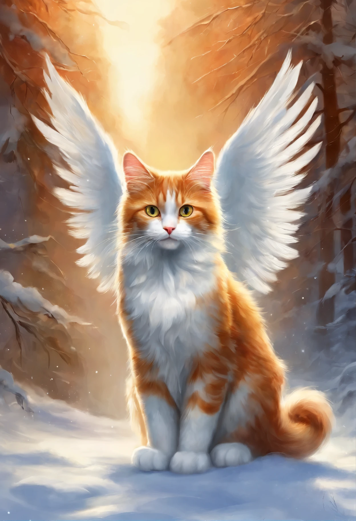 Angelic cat, heavenly cat, , Red-and-white cat angel with wings looks from the sky at the departing train, snowstorm, blizzard, heavenly express goes to heaven, choo choo, Beautiful digital images, Cute illustrations, Sakimi, Train, Andrey Gordeev, Rails, charming digital painting, Magical scene, fantastic matte painting, Cute, White cat, Cute digital art, Desktop wallpapers - 1 0 2 4, 2 0 1 4