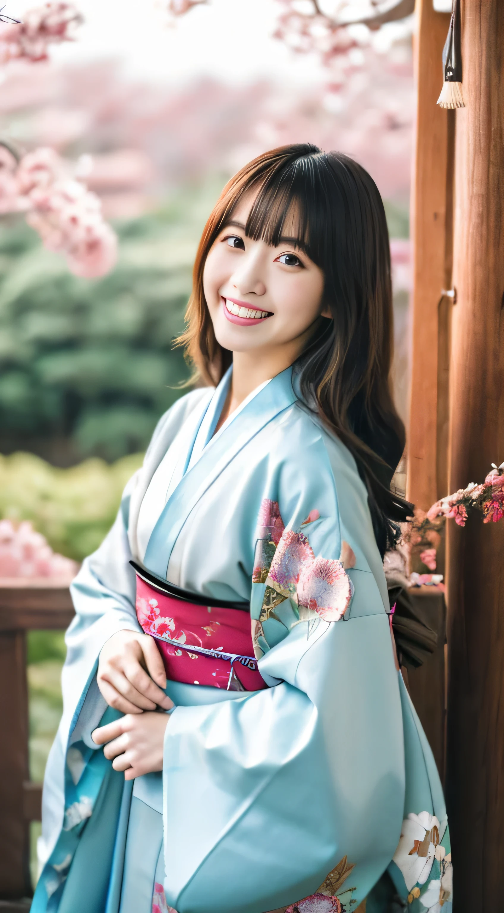 must、Ultra-high realism、In 8K、High resolution CG Unity 8k wallpapers、highest quality、RAW photo、natural soft light、Japanese ID、Sexy Body Girl、Princess of the Japan、Elegant traditional kimono with floral embroidery、(Intricate details of kimono)、blonde、Bangs are、Cut in a straight line with chin on both sides、A smile that shows perfect teeth、Himeji Castle in the background、(Full body Esbian)