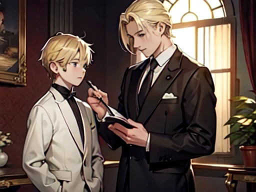 2 people, 2 shots, father and son, son is a 14 years old, blond hair, gray eyes, elegant, warm atmosphere, relax, clear eyes