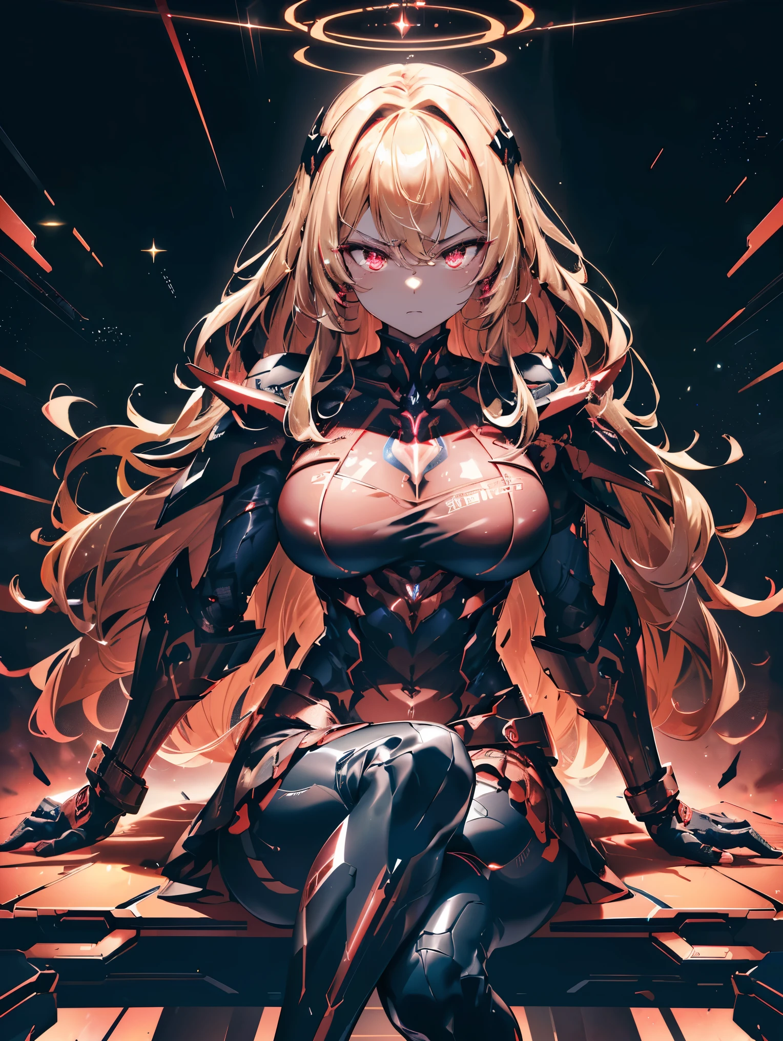 (Armed curvaceous and strong muscular warlord woman), (evil look), ((voluminous wavy blonde hair)), glowing red eyes, ((On her chest is a large high-tech glowing dark red star)), sophisticated details, (Sleek, high-tech and futuristic wearing black:70 and dark red:90 Sophisticated armor with tactical skirt), highly weaponized, ((Sideways intimidating pose)), ((sitting sideways on a spaceship)), (holographic numbers、symbol、surrounded by stars。), 最high quality, Sharp and clear line drawings, high quality, 8K professional images
