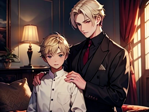 2 people, 2 shots, father and son, son is a , blond hair, gray eyes, elegant, warm atmosphere, relax, clear eyes