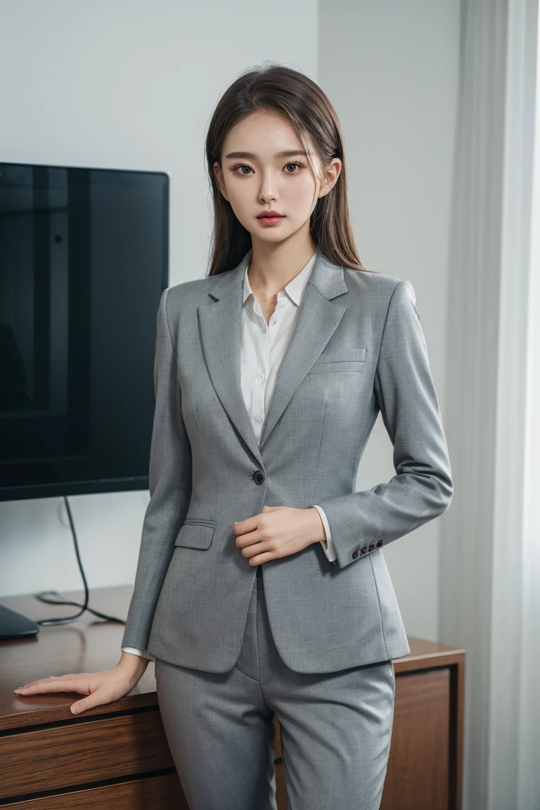 (8k, RAW photos, top quality, masterpiece: 1.2,(Best quality, 8k, 32k, Masterpiece, UHD:1.2), 1girl, asia, (25 year old), narrow waist, grey suit, front, suit body, pants, office room,